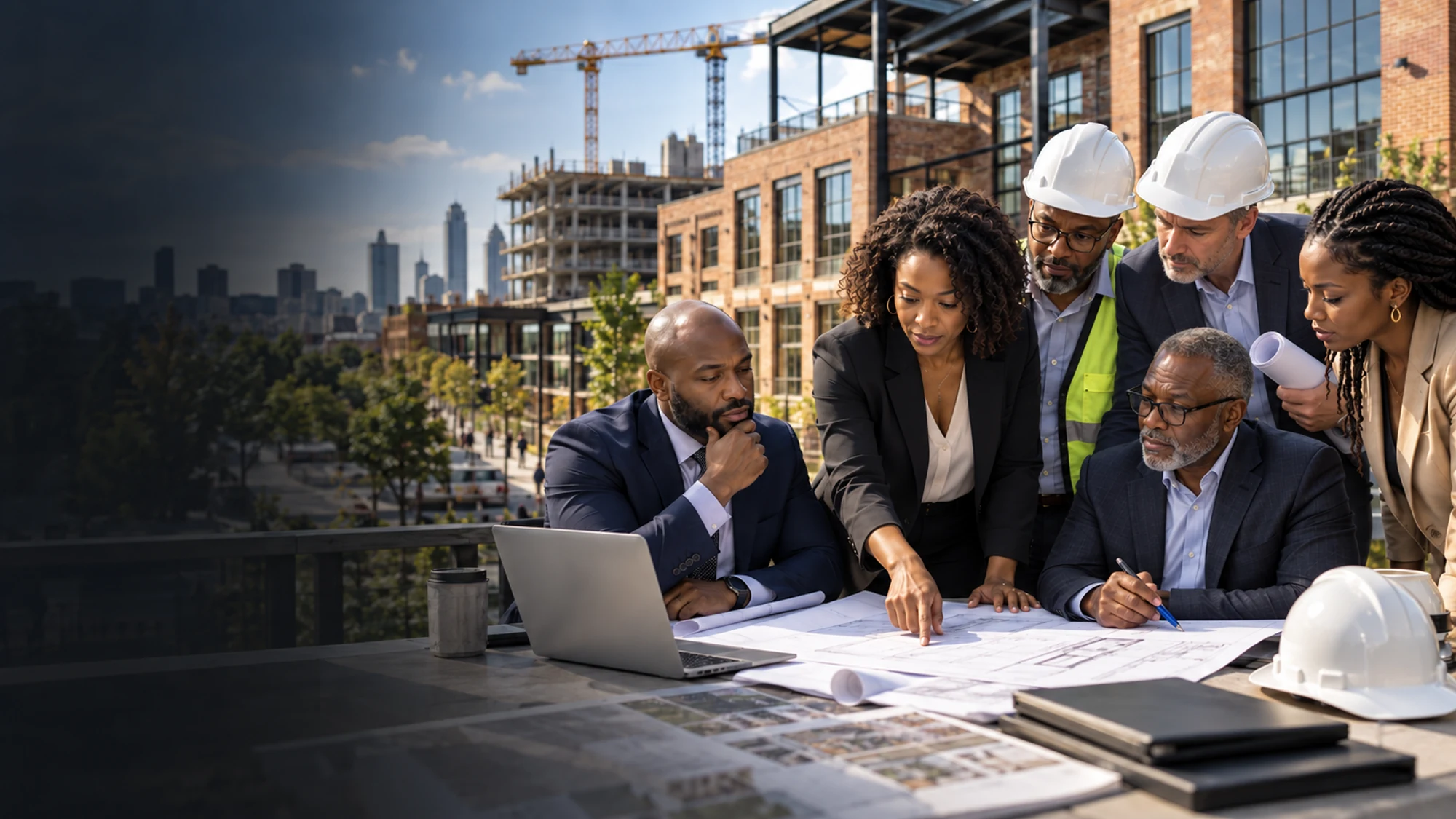 Illustrative real estate development team reviewing a project